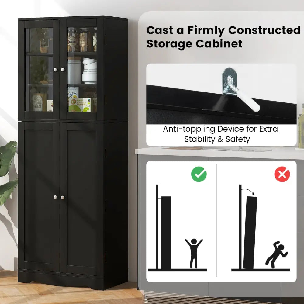 Tall Kitchen Pantry Cabinet with Dual Tempered Glass Doors and Shelves-Black - Black - Sideboards Cabinets & Buffets