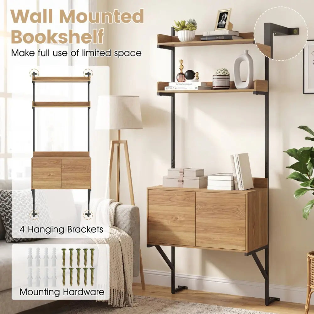 Tall Ladder Shelf with Storage Cabinet Narrow Wall Mounted Ladder Bookcase-Natural - Natural - Bookcases