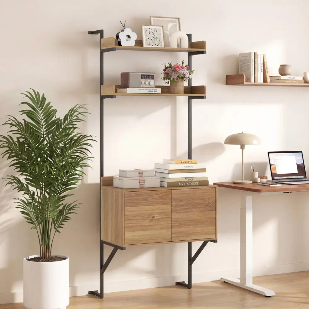 Tall Ladder Shelf with Storage Cabinet Narrow Wall Mounted Ladder Bookcase-Natural - Natural - Bookcases
