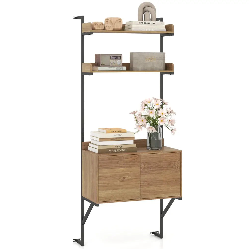 Tall Ladder Shelf with Storage Cabinet Narrow Wall Mounted Ladder Bookcase-Natural - Natural - Bookcases