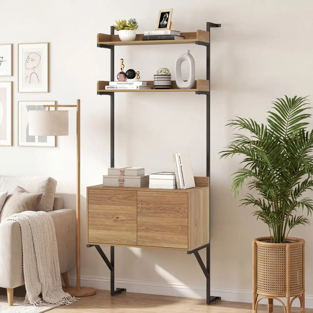 Tall Ladder Shelf with Storage Cabinet Narrow Wall Mounted Ladder Bookcase-Natural - Natural - Bookcases