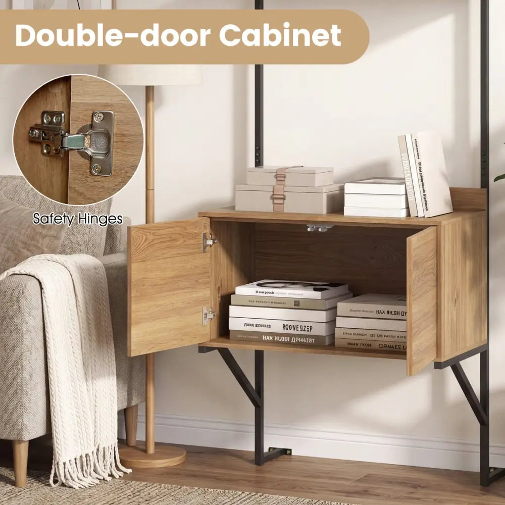Tall Ladder Shelf with Storage Cabinet Narrow Wall Mounted Ladder Bookcase-Natural - Natural - Bookcases