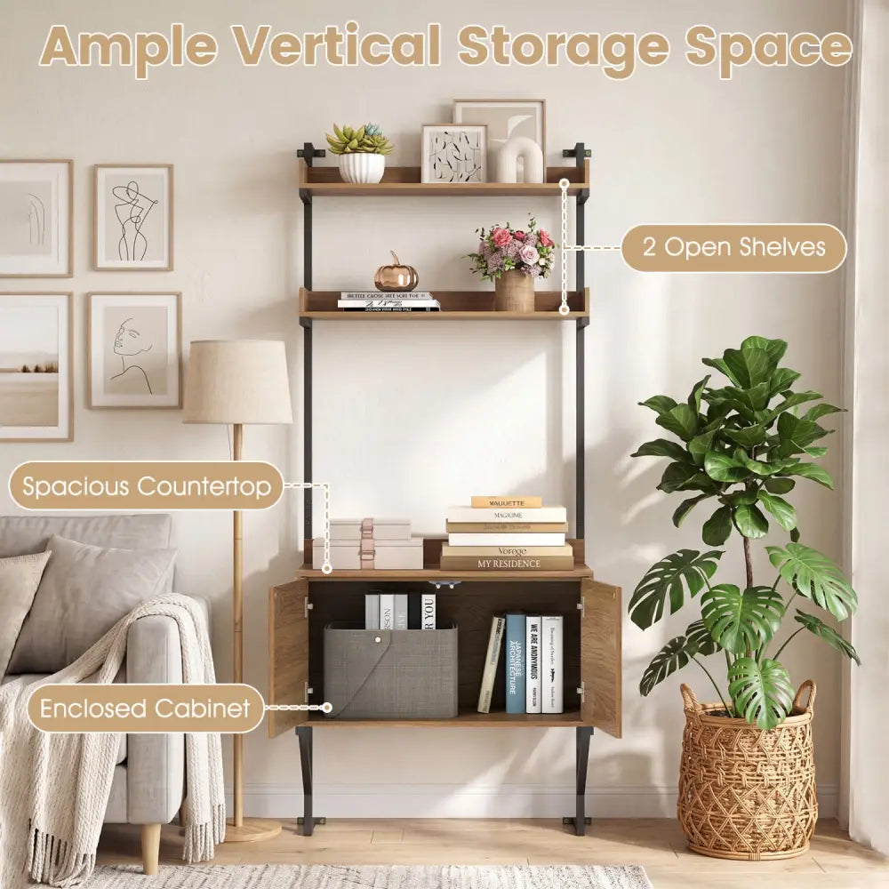 Tall Ladder Shelf with Storage Cabinet Narrow Wall Mounted Ladder Bookcase-Natural - Natural - Bookcases