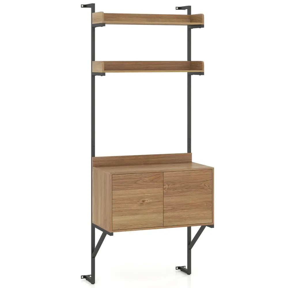 Tall Ladder Shelf with Storage Cabinet Narrow Wall Mounted Ladder Bookcase-Natural - Natural - Bookcases