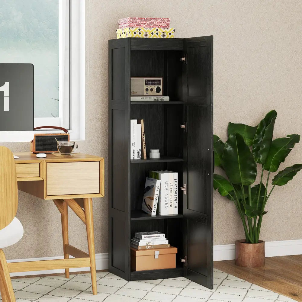 Tall Storage Cabinet with 4 Storage Shelves for Bathroom Living Room-Black - Black - Floor Cabinets