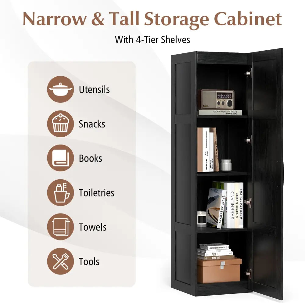 Tall Storage Cabinet with 4 Storage Shelves for Bathroom Living Room-Black - Black - Floor Cabinets