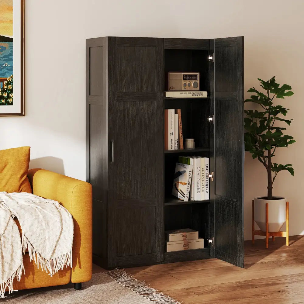 Tall Storage Cabinet with 4 Storage Shelves for Bathroom Living Room-Black - Black - Floor Cabinets