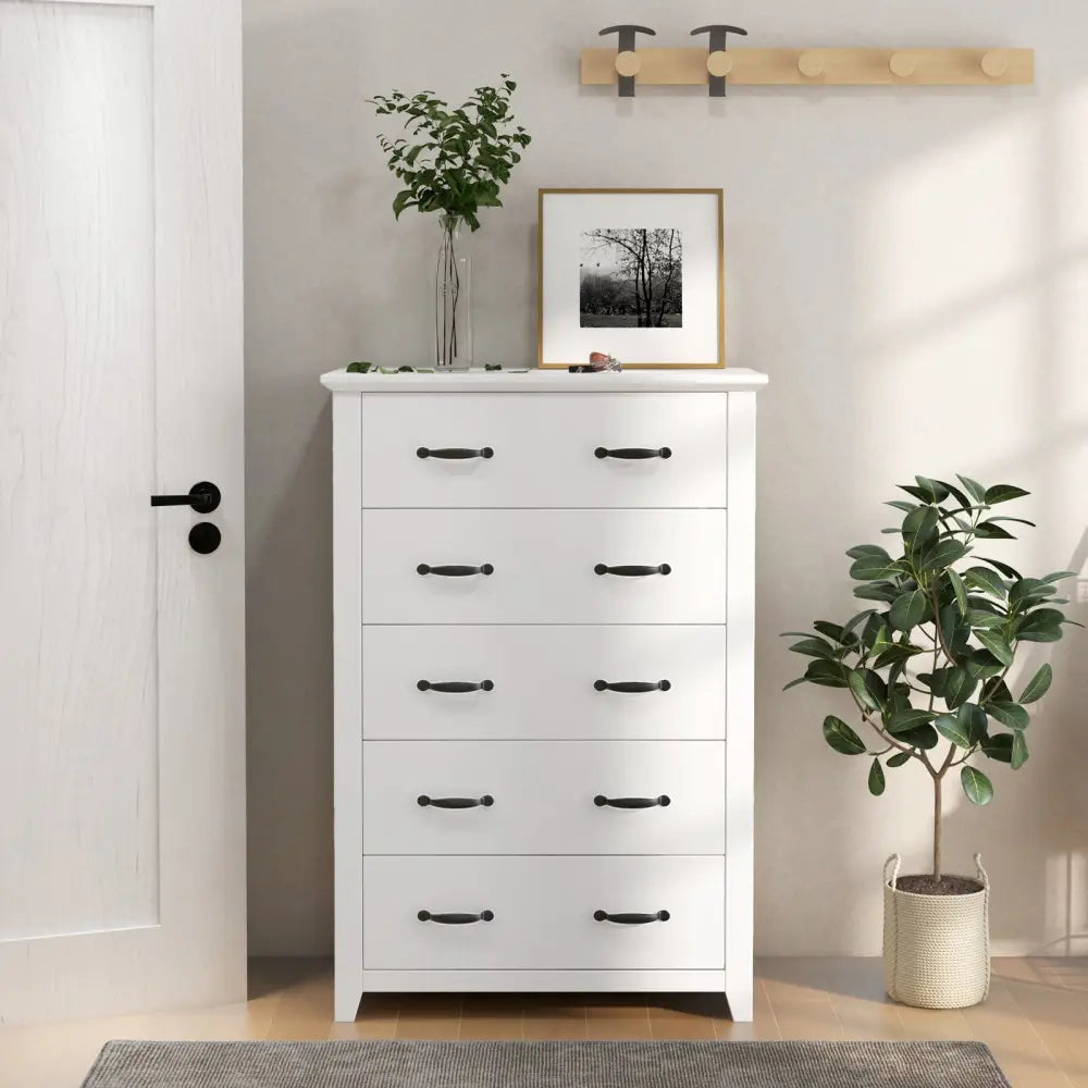 Tall Storage Dresser with 5 Pull-out Drawers for Bedroom Living Room-White - White - Dressers & Chests