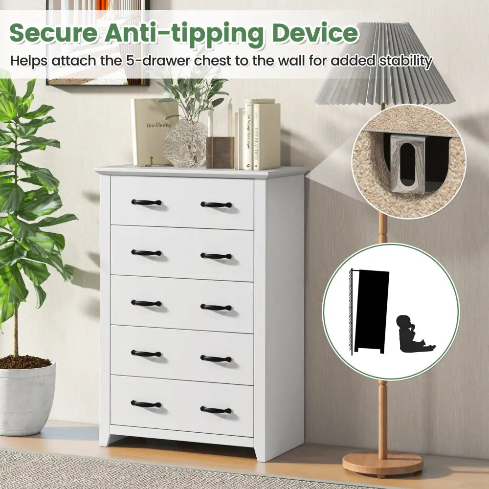 Tall Storage Dresser with 5 Pull-out Drawers for Bedroom Living Room-White - White - Dressers & Chests
