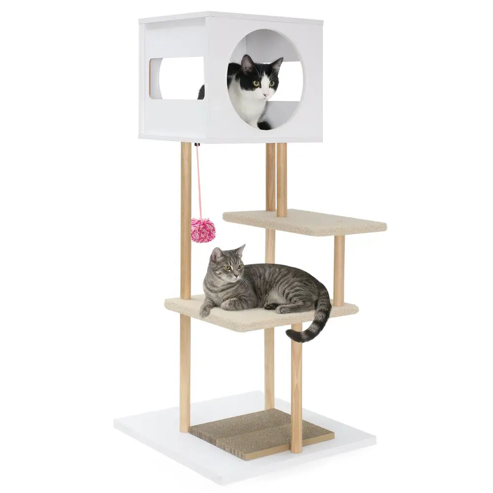 Tall Wood Cat Tower with 2 Corrugated Cardboard-White - White - Cat Trees Condos & Scratchers