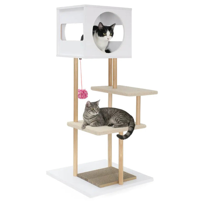 Tall Wood Cat Tower with 2 Corrugated Cardboard-White - White - Cat Trees Condos & Scratchers