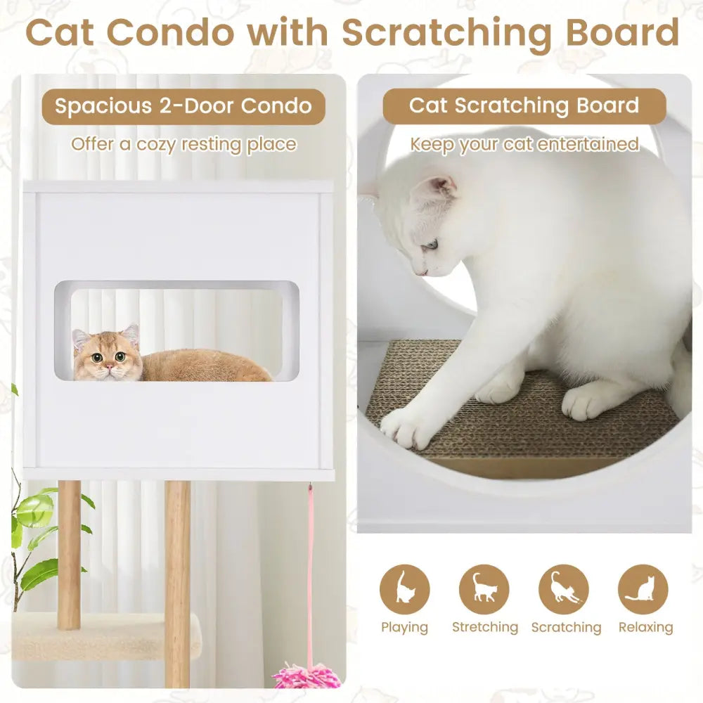 Tall Wood Cat Tower with 2 Corrugated Cardboard-White - White - Cat Trees Condos & Scratchers