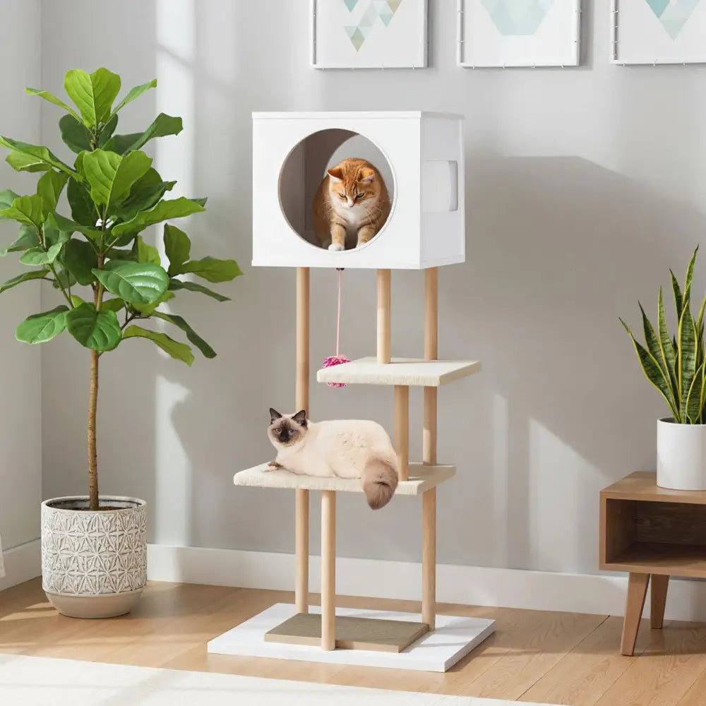 Tall Wood Cat Tower with 2 Corrugated Cardboard-White - White - Cat Trees Condos & Scratchers