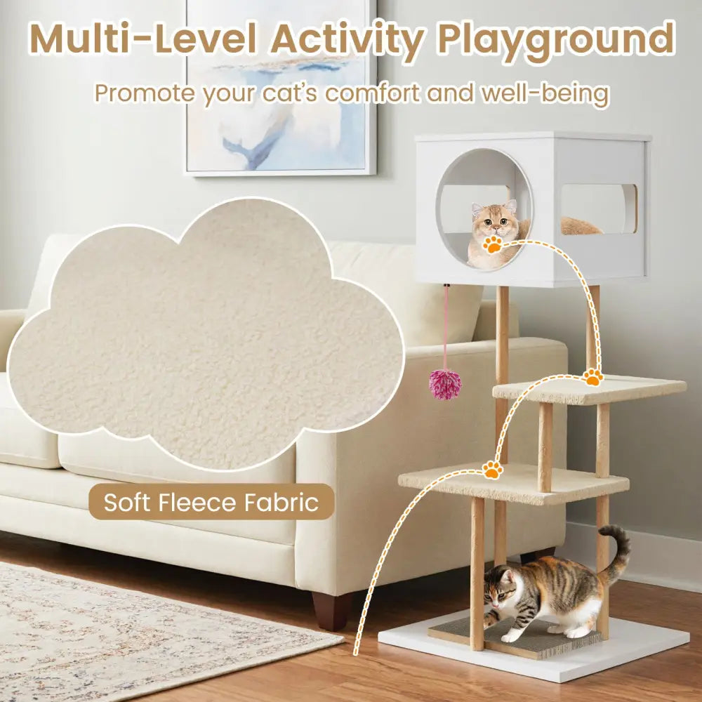 Tall Wood Cat Tower with 2 Corrugated Cardboard-White - White - Cat Trees Condos & Scratchers