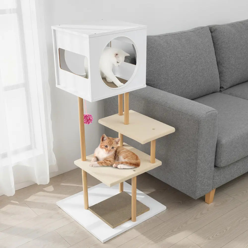 Tall Wood Cat Tower with 2 Corrugated Cardboard-White - White - Cat Trees Condos & Scratchers