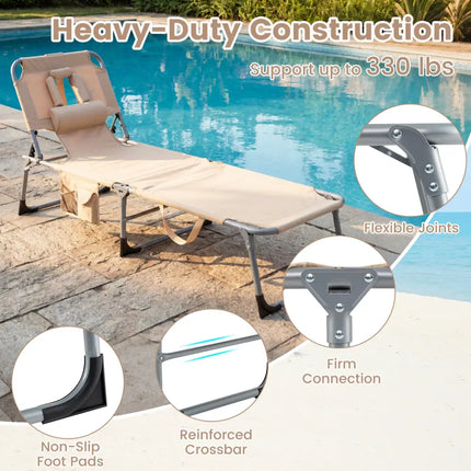 Tanning Chair with Face Arm Holes Folding Chair-Beige - Beige - Outdoor Chaise Lounges