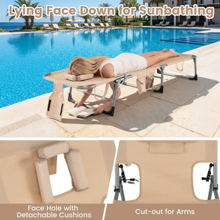 Tanning Chair with Face Arm Holes Folding Chair-Beige - Beige - Outdoor Chaise Lounges