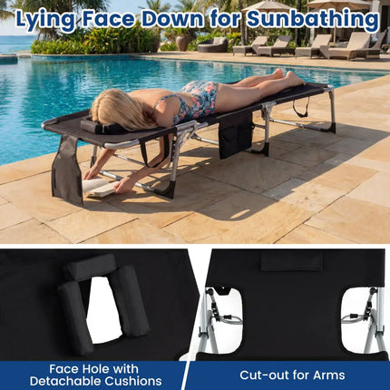 Tanning Chair with Face Arm Holes Folding Chair-Black - Black - Outdoor Chaise Lounges