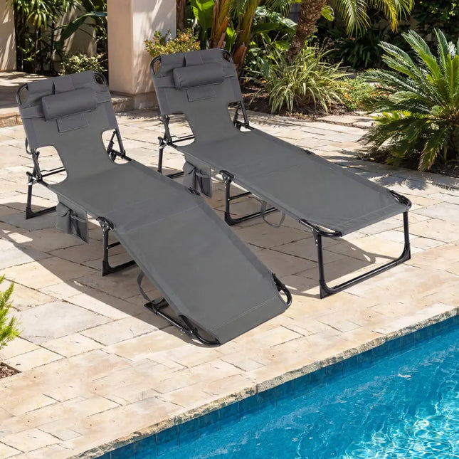 Tanning Chair with Face Arm Holes Folding Chair-Gray - Gray - Outdoor Chaise Lounges