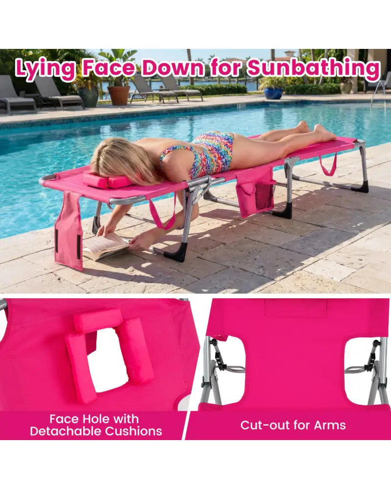 Tanning Chair with Face Arm Holes Folding Chair-Pink - Pink - Outdoor Chaise Lounges
