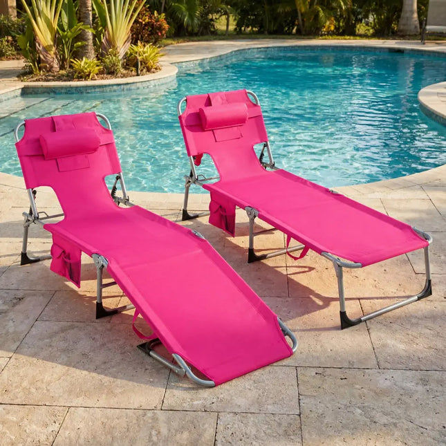 Tanning Chair with Face Arm Holes Folding Chair-Pink - Pink - Outdoor Chaise Lounges