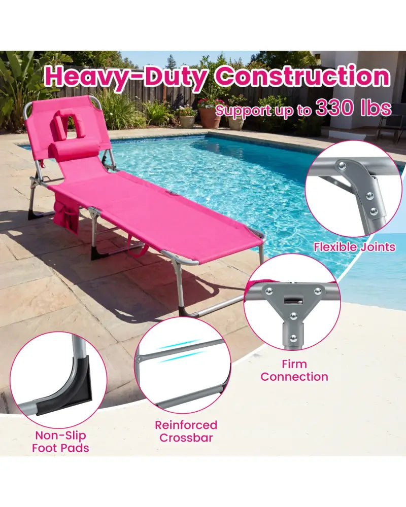 Tanning Chair with Face Arm Holes Folding Chair-Pink - Pink - Outdoor Chaise Lounges