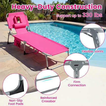 Tanning Chair with Face Arm Holes Folding Chair-Pink - Pink - Outdoor Chaise Lounges