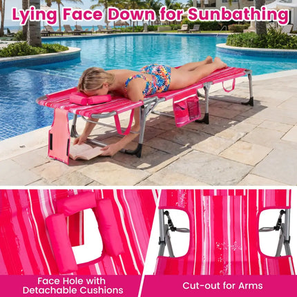 Tanning Chair with Face Arm Holes Folding Chair-Pink Stripe - Pink Stripe - Outdoor Chaise Lounges