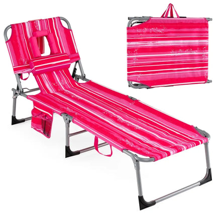 Tanning Chair with Face Arm Holes Folding Chair-Pink Stripe - Pink Stripe - Outdoor Chaise Lounges