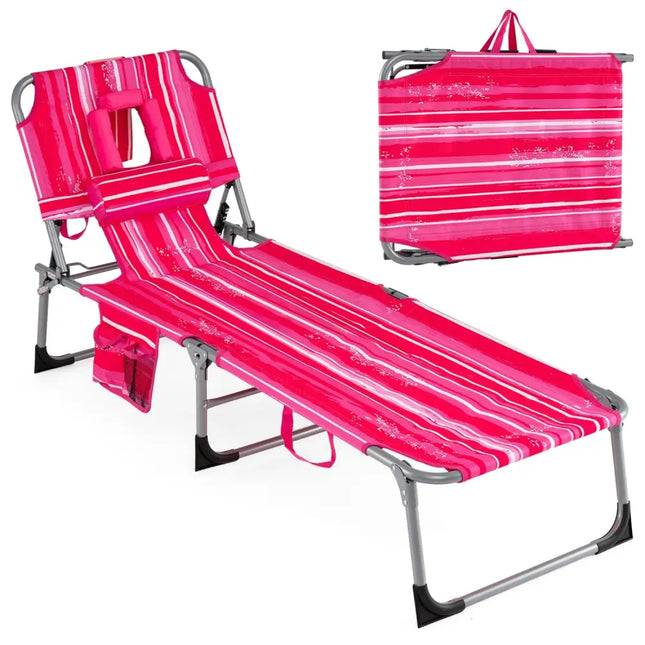 Tanning Chair with Face Arm Holes Folding Chair-Pink Stripe - Pink Stripe - Outdoor Chaise Lounges