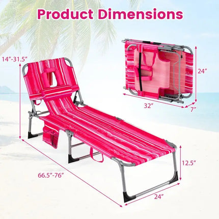 Tanning Chair with Face Arm Holes Folding Chair-Pink Stripe - Pink Stripe - Outdoor Chaise Lounges