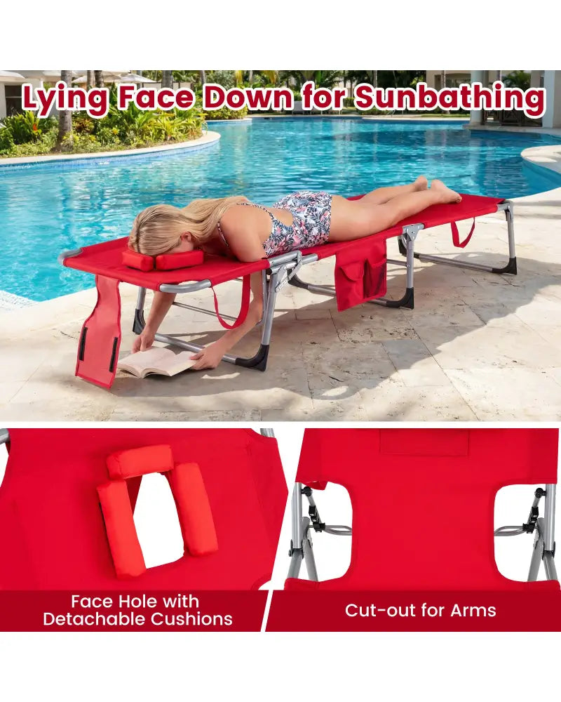 Tanning Chair with Face Arm Holes Folding Chair-Red - Red - Outdoor Chaise Lounges