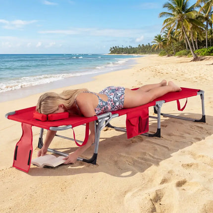 Tanning Chair with Face Arm Holes Folding Chair-Red - Red - Outdoor Chaise Lounges