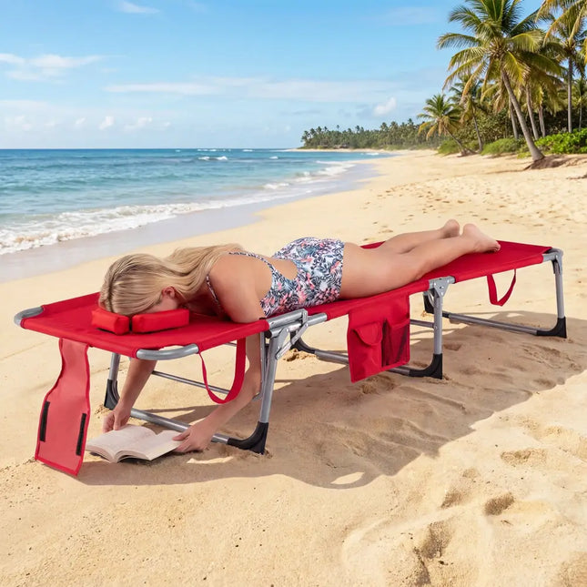 Tanning Chair with Face Arm Holes Folding Chair-Red - Red - Outdoor Chaise Lounges