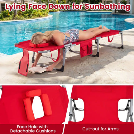 Tanning Chair with Face Arm Holes Folding Chair-Red - Red - Outdoor Chaise Lounges
