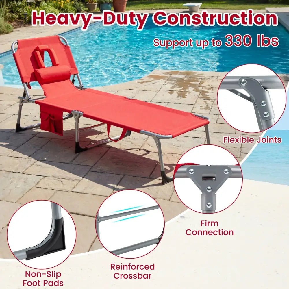 Tanning Chair with Face Arm Holes Folding Chair-Red - Red - Outdoor Chaise Lounges