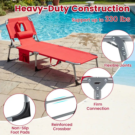 Tanning Chair with Face Arm Holes Folding Chair-Red - Red - Outdoor Chaise Lounges