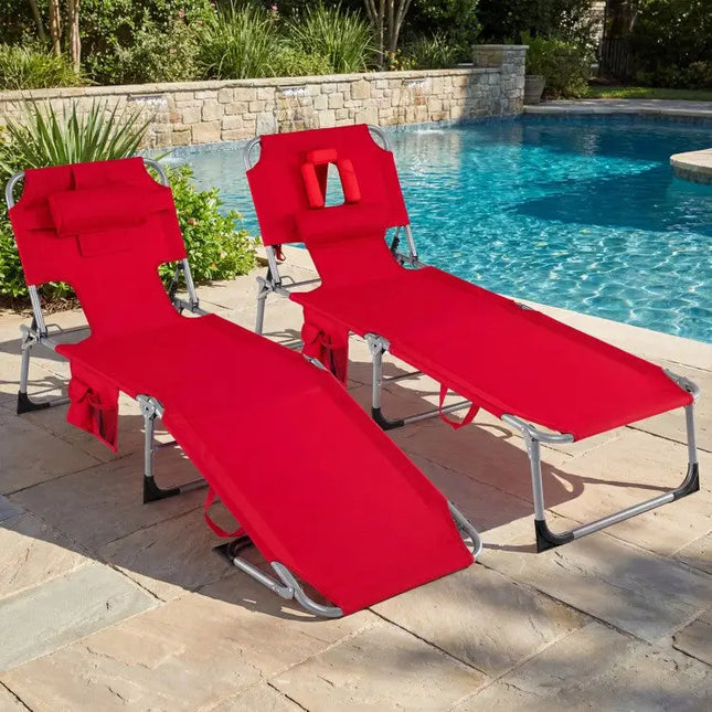 Tanning Chair with Face Arm Holes Folding Chair-Red - Red - Outdoor Chaise Lounges