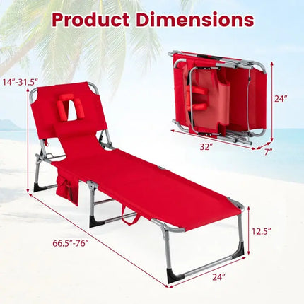 Tanning Chair with Face Arm Holes Folding Chair-Red - Red - Outdoor Chaise Lounges