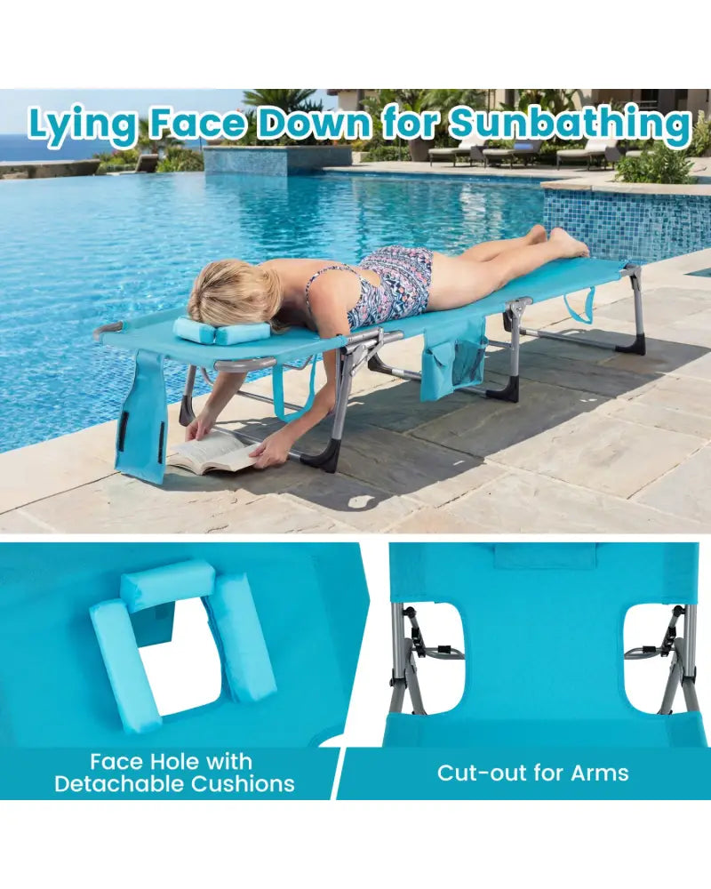 Tanning Chair with Face Arm Holes Folding Chair-Turquoise - Turquoise - Outdoor Chaise Lounges