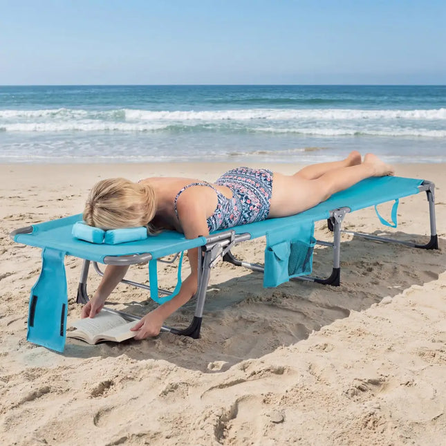 Tanning Chair with Face Arm Holes Folding Chair-Turquoise - Turquoise - Outdoor Chaise Lounges