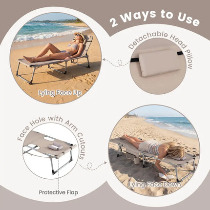 Tanning Chair with Face Arm Holes Portable Sunbathing Chair-Beige - Beige - Beach & Lawn Chairs