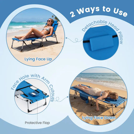 Tanning Chair with Face Arm Holes Portable Sunbathing Chair-Blue - Blue - Beach & Lawn Chairs