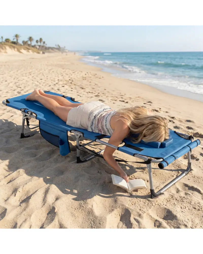 Tanning Chair with Face Arm Holes Portable Sunbathing Chair-Blue - Blue - Outdoor Chaise Lounges
