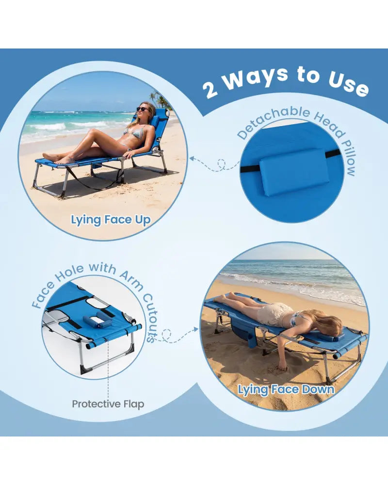 Tanning Chair with Face Arm Holes Portable Sunbathing Chair-Blue - Blue - Outdoor Chaise Lounges