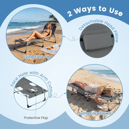 Tanning Chair with Face Arm Holes Portable Sunbathing Chair-Gray - Gray - Beach & Lawn Chairs