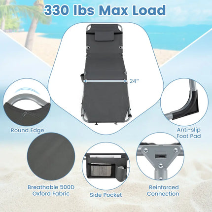 Tanning Chair with Face Arm Holes Portable Sunbathing Chair-Gray - Gray - Beach & Lawn Chairs