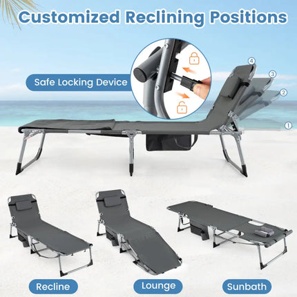 Tanning Chair with Face Arm Holes Portable Sunbathing Chair-Gray - Gray - Beach & Lawn Chairs