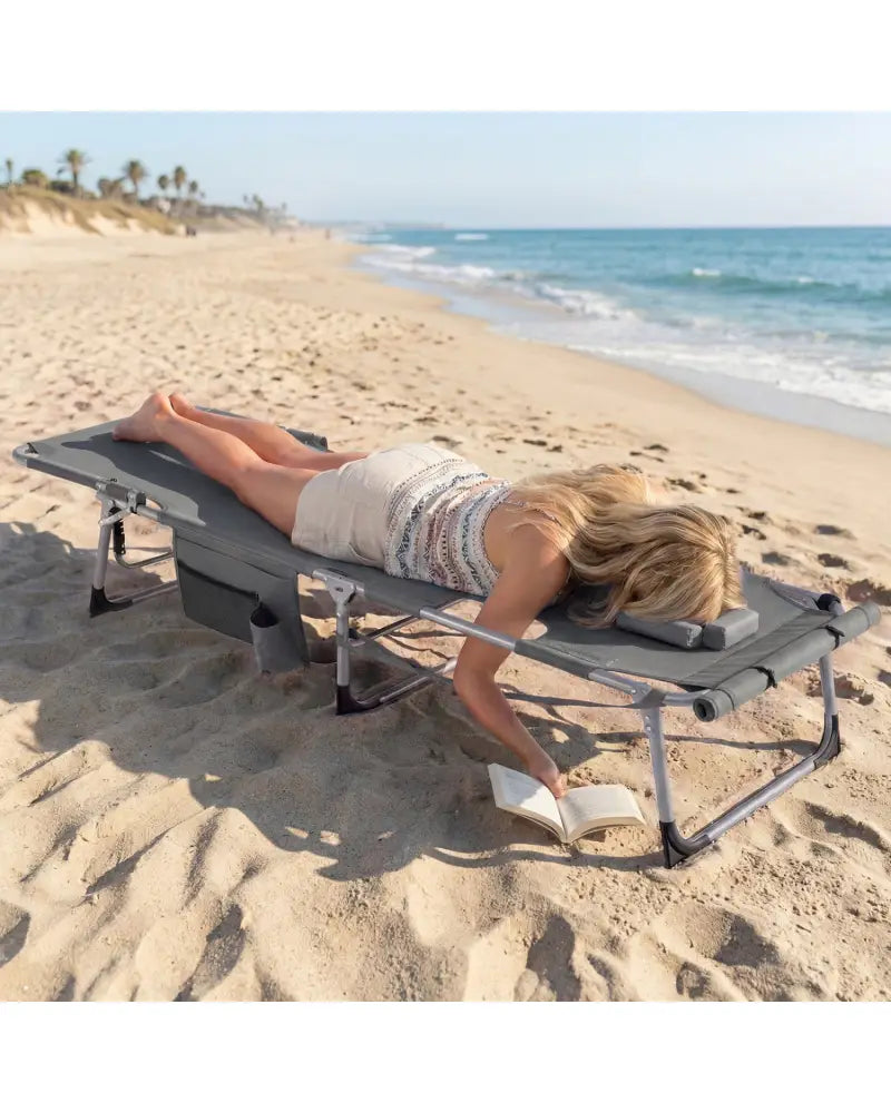 Tanning Chair with Face Arm Holes Portable Sunbathing Chair-Gray - Gray - Outdoor Chaise Lounges