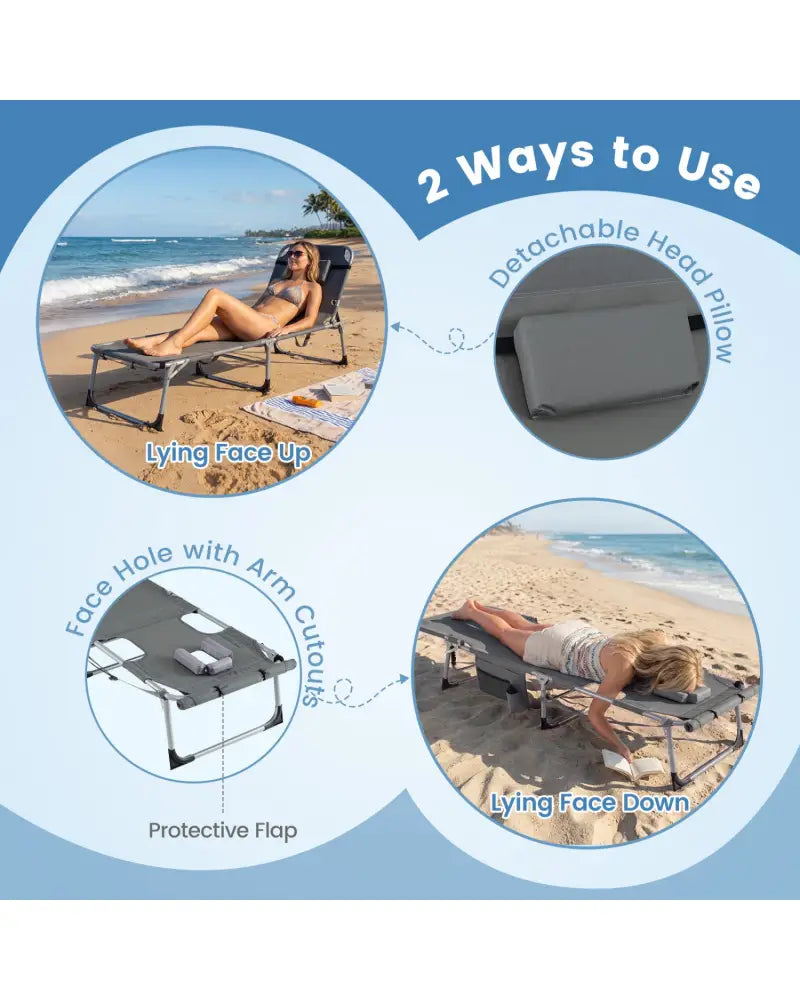 Tanning Chair with Face Arm Holes Portable Sunbathing Chair-Gray - Gray - Outdoor Chaise Lounges